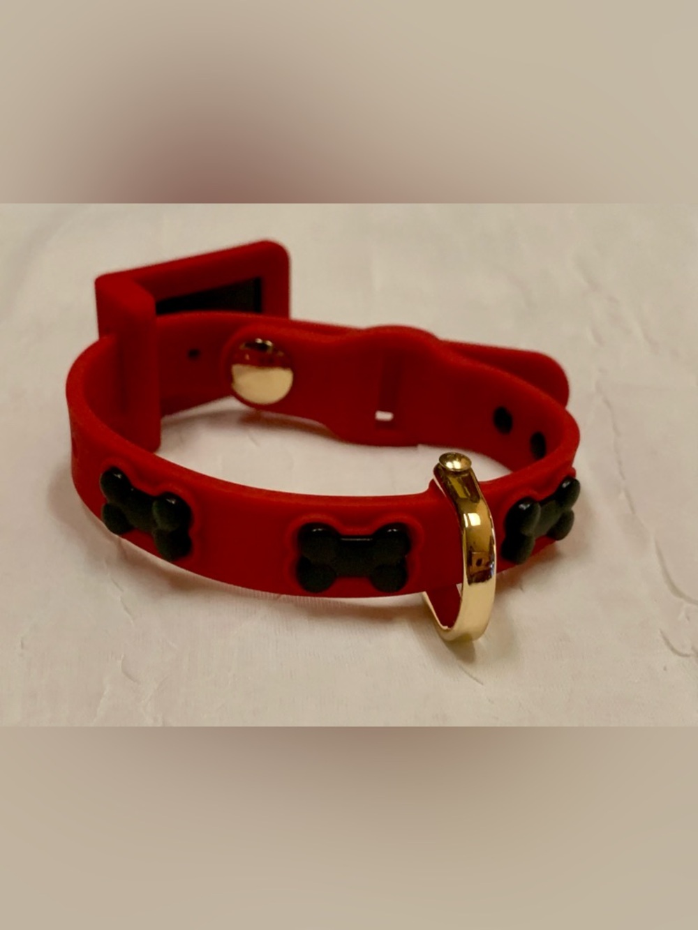 Bonefly Puppy Dog Gift Collar Red Gold 4 Black Bone Metal Charms Sz XS